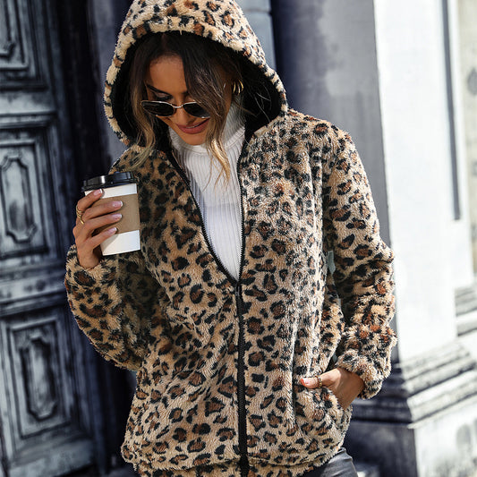 JADE | Varm Hoodie Med dragkedja - Leoparddetaljer